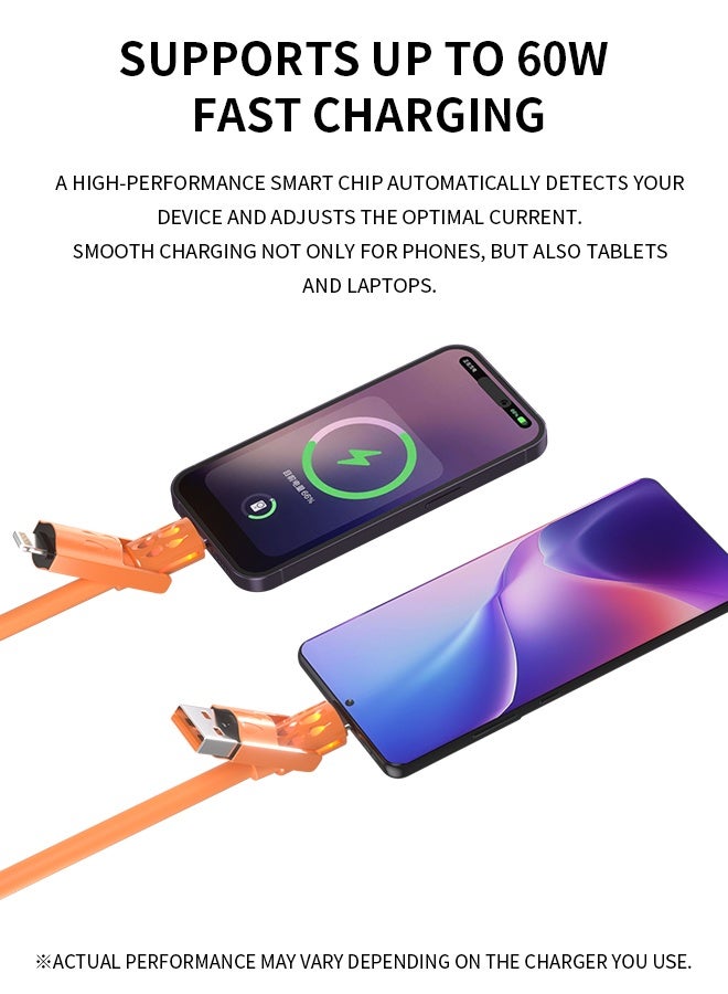 وابيك كابل شحن سريع 4 في 1 من علامة كورية، قوة 60 واط، USB-A و Type-C إلى Type-C / Lightning، سيليكون سائل، نقل بيانات 480Mbps، برتقالي - Image 5